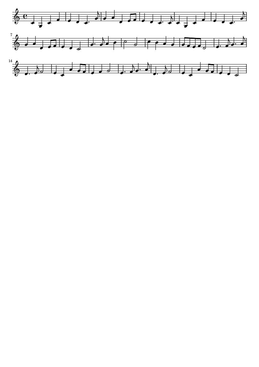 \relative c' { c g c f e d c4. g'8 g4 a d, e8 f8 e4 d c4. c8 c4 g c f e d c4. g'8 g4 a d, e8 f8 e4 d c2 g'4. g8 a4 b c2 g c4 b a g g8 f e f d2 e4. f8 g4. a8 d,4. e8 f2 e4 c a' g8 f e4 f g2 e4. f8 g4. a8 d,4. e8 f2 e4 c a' g8 f e4 d c2}