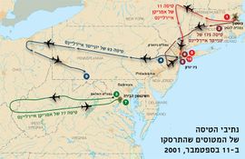 Flight paths of hijacked planes-September 11 attacks-hebrew.jpg