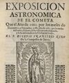 העמוד הראשון של Exposisión astrónomica de el cometa מאת אאוסביו קינו, 1681.