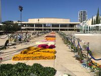 מיצב פרחים במחווה להצהרתו של הנשיא ג'ו ביידן, "We Stand with Israel". כיכר הבימה (כיכר התרבות), תל אביב